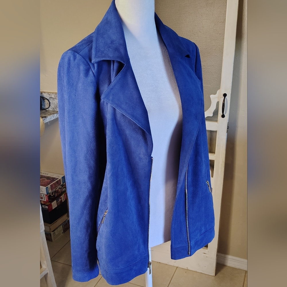 Blue Faux Suede Chico's Women's Moto Style Jacket - Picture 7 of 8